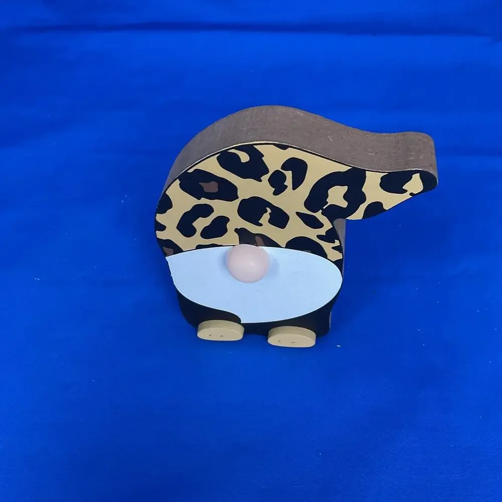 Leopard Print Gnome Shaped Wooden Block Sign Cheetah Animal Pattern Shelf Sitter